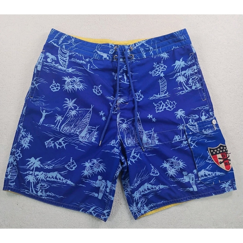 VTG Ralph Lauren Polo Jeans  Board Shorts Mens XL Blue AOP MeshLined Logos‎ Swim